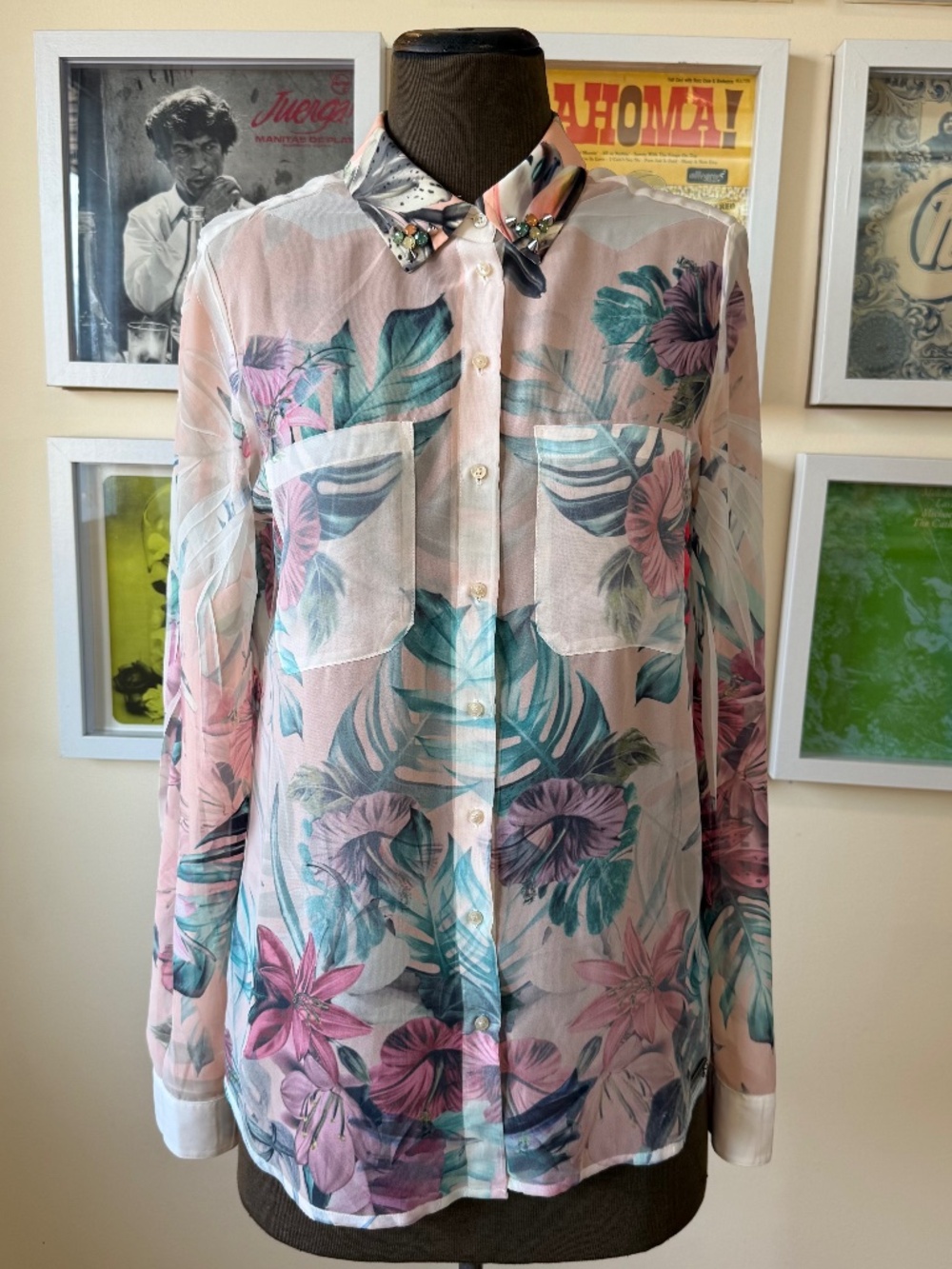 Guess Sheer Tropical Floral Blouse • Y2K Mesh Button Up Shirt • Soft Girl Resort